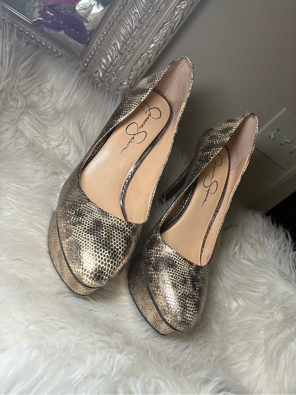 Jessica Simpson Metallic Gold Snake-Print Platform Heels